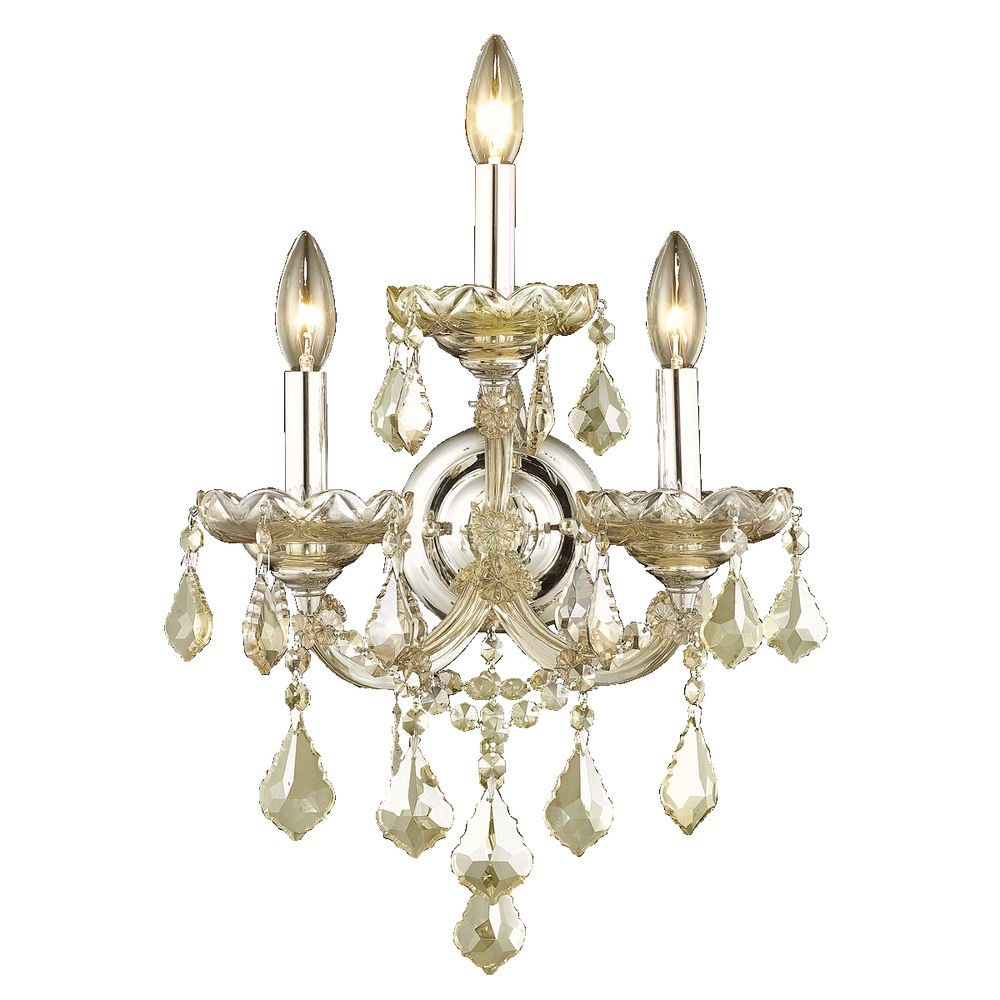 Maria Theresa 3-Light Chrome Finish and Golden Teak Crystal Candle Wall Sconce Light 12 in. W x 22 i