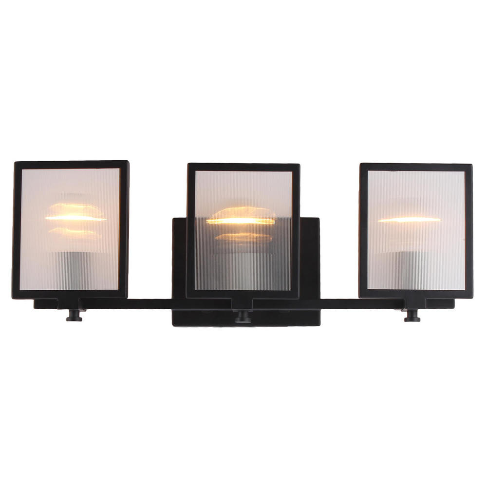 3 LT Bath/Vanity Light w/ Black Finish, Clear Reeded Glass Shade & Chrome Socket Holders