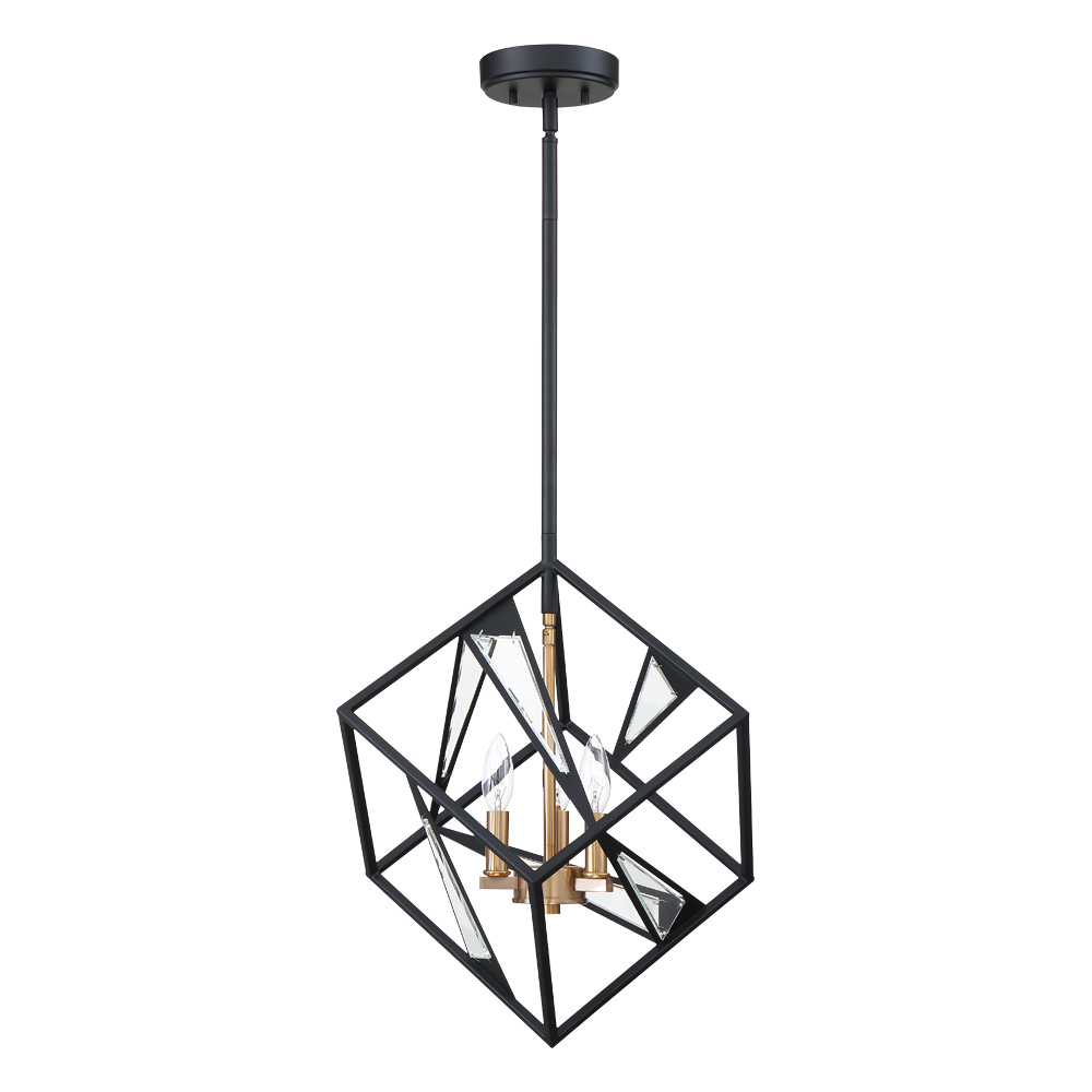 3 LT Geometric Open Frame Pendant w/ Black Finish w/ Gold & Clear Glass Accents