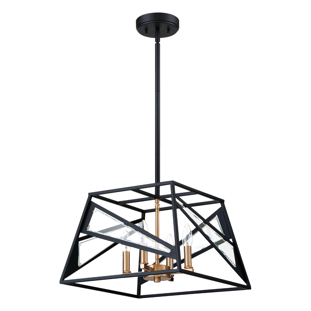 4 LT Geometric Open Frame Pendant w/ Black Finish w/ Gold & Clear Glass Accents