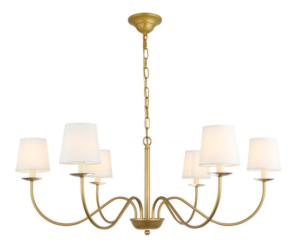 Eclipse 6 Light Brass and White Shade Chandelier